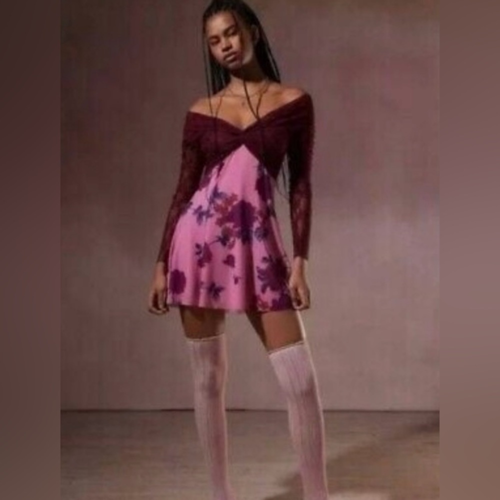 Kimchi Blue Burgundy and Pink Floral Dress